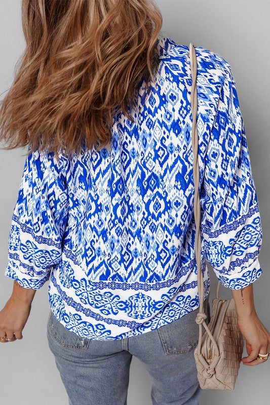 Women Boho Printed 3/4 Sleeve Tied Neck Blouse