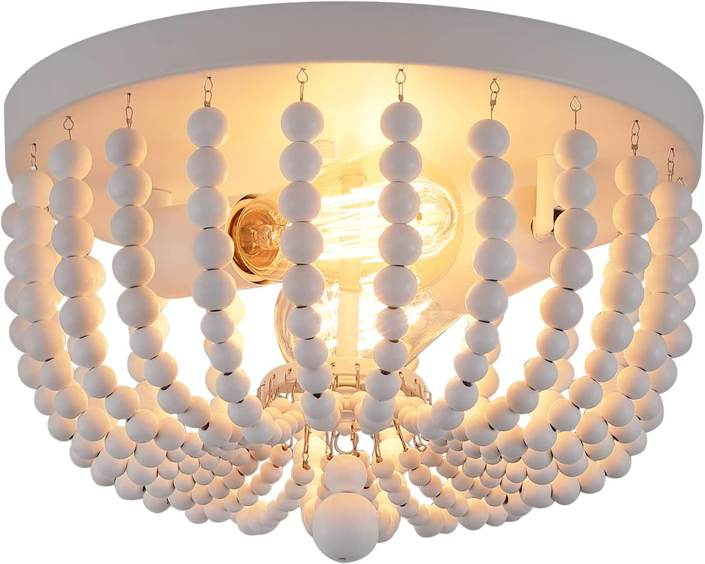 Two Light White Wood Beaded Boho Flush Mount Chandelier For Nursery