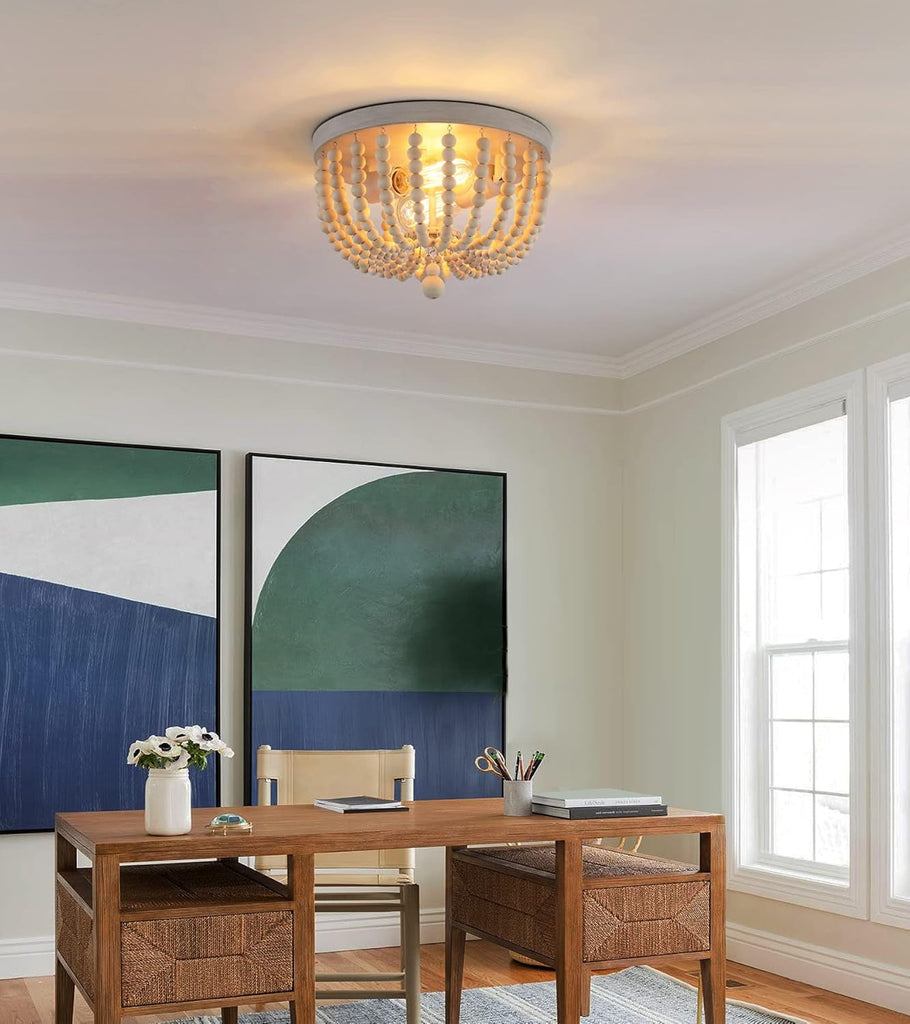 Boho Wood Beaded Flush Mount Chandelier Oak Finish 2 Lights