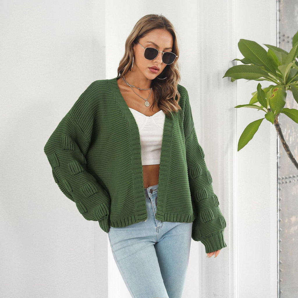 Puff Sleeve Cardigan Sweater - Women Clothes Front Chunky Knitwear