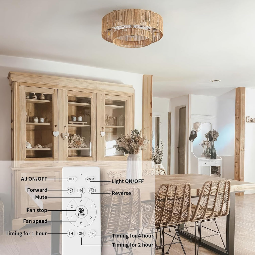 20 Inch Boho Rattan Ceiling Fan With Light And Remote