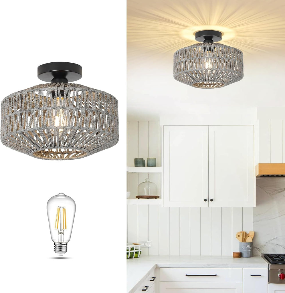 Boho Rattan Grey Ceiling Light Fixture Dimmable LED Bulbs