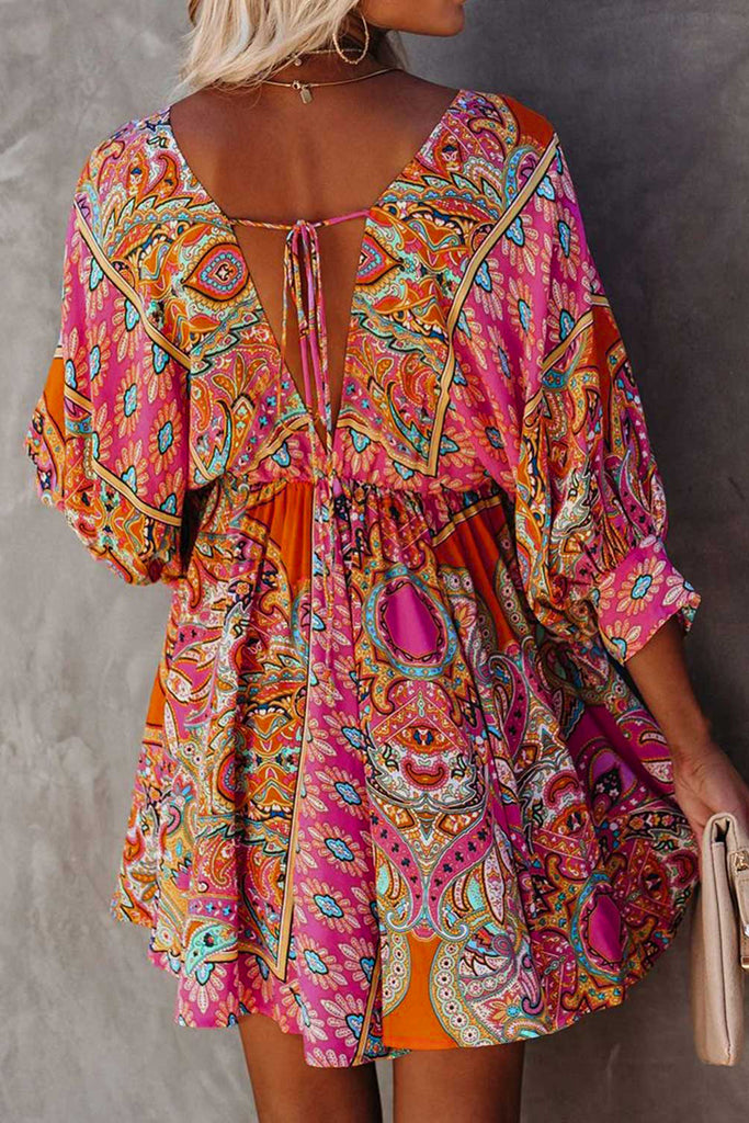 Multicolour V Neck 3/4 Sleeve Bohemian Vintage Print Mini Dress