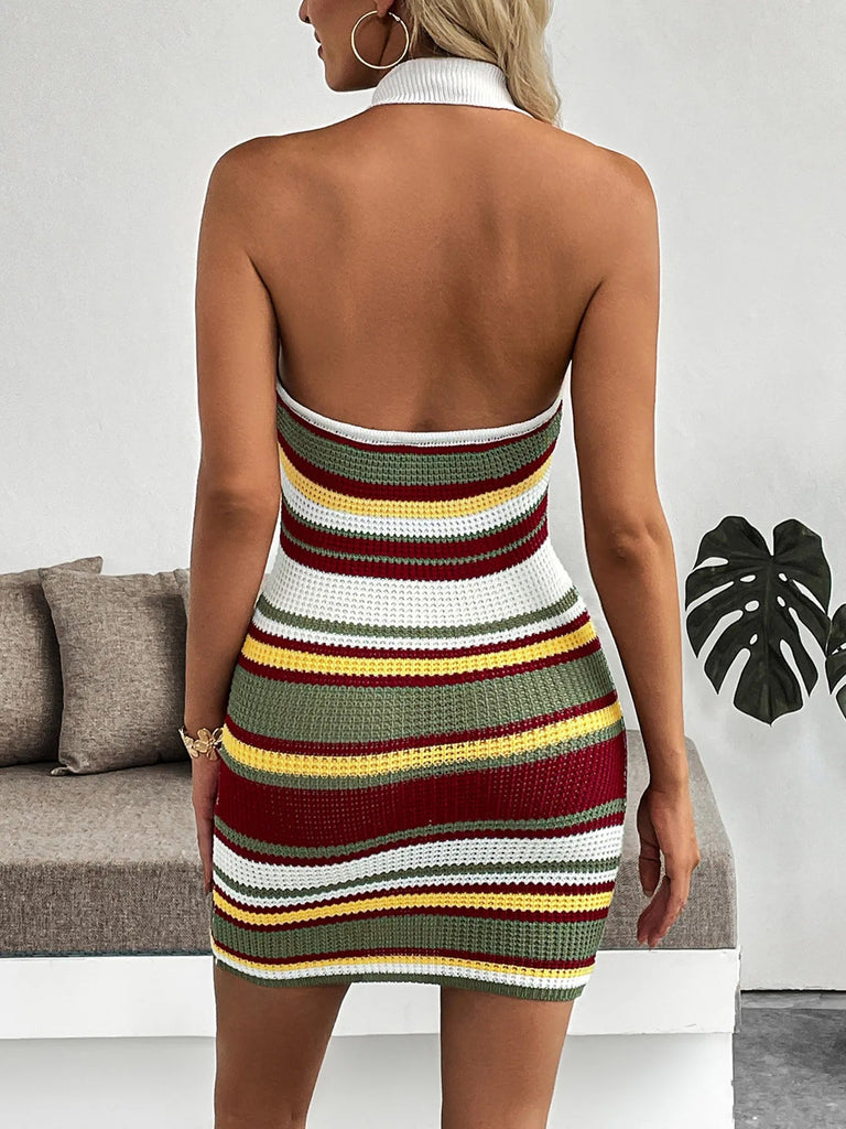 Multi-Color Striped Halter Neck : Knit Sweater Dress