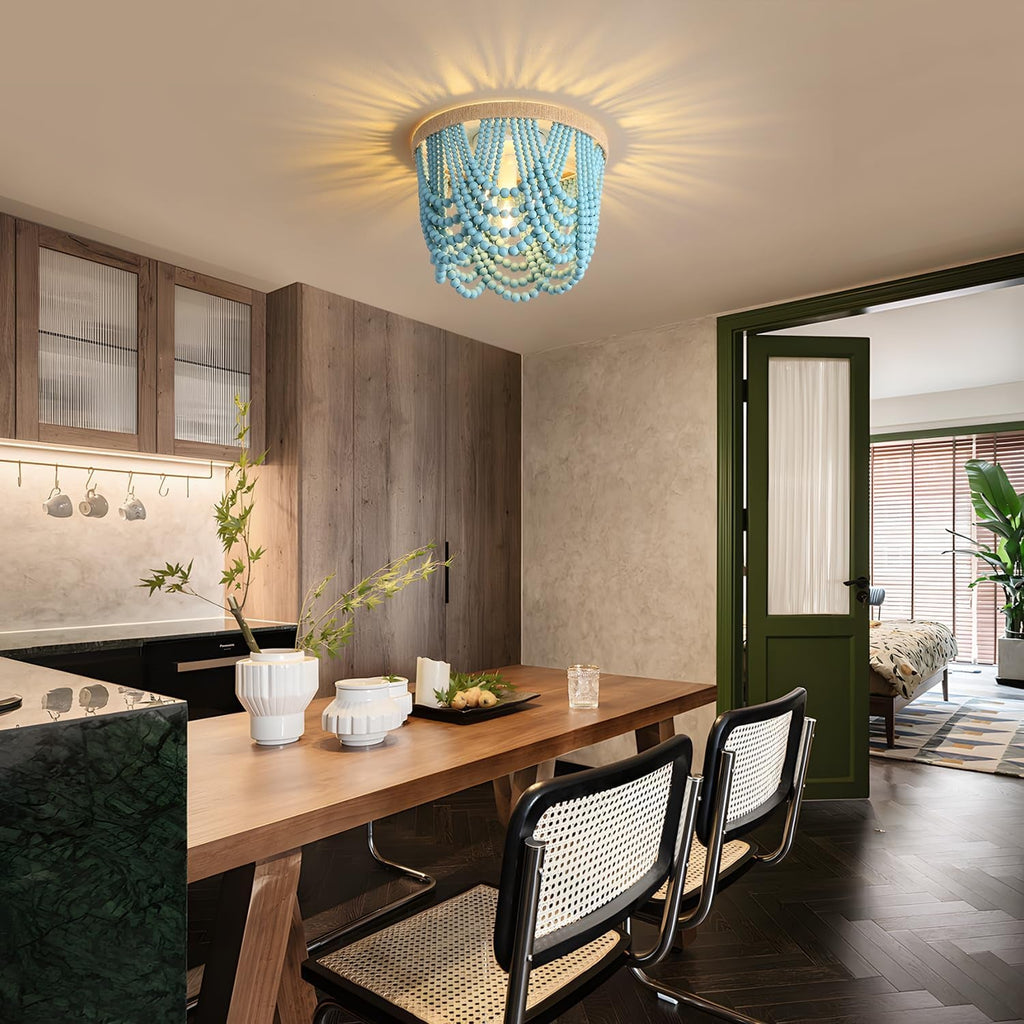 Boho Wood Bead Chandelier 3 Light Fixture Blue 12.6x9.3 In