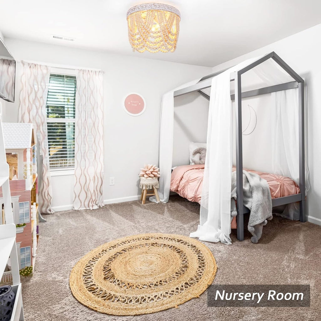 Wood Beaded Flush Mount Ceiling Light 3 Light Boho Antique