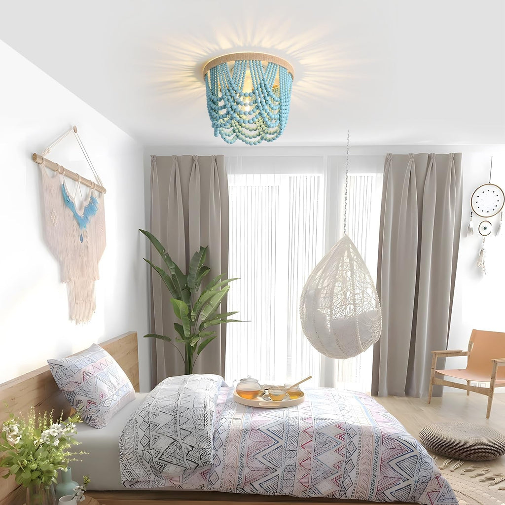 Boho Wood Bead Chandelier 3 Light Fixture Blue 12.6x9.3 In