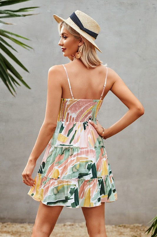 Tie Dye V Neck Sleeveless Ruffle Hem A Line Dress