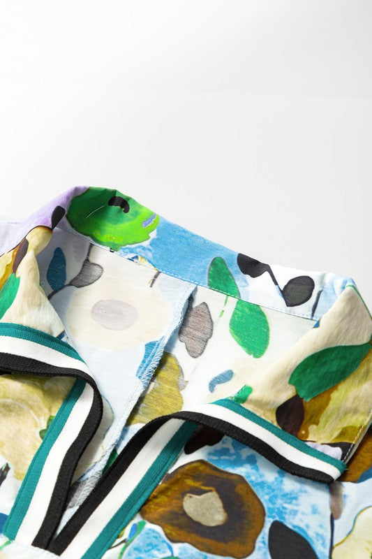 Floral Boho Shirred Bubble Viscose Stripe Blouse