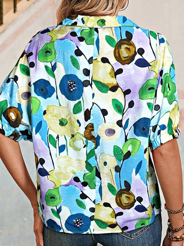 Floral Boho Shirred Bubble Viscose Stripe Blouse