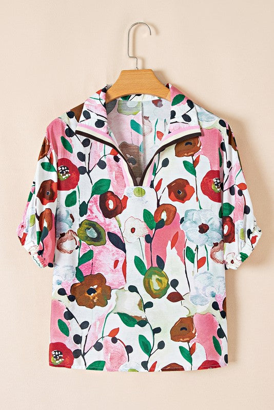 Floral Boho Shirred Bubble Viscose Stripe Blouse