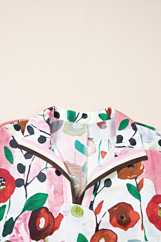 Floral Boho Shirred Bubble Viscose Stripe Blouse