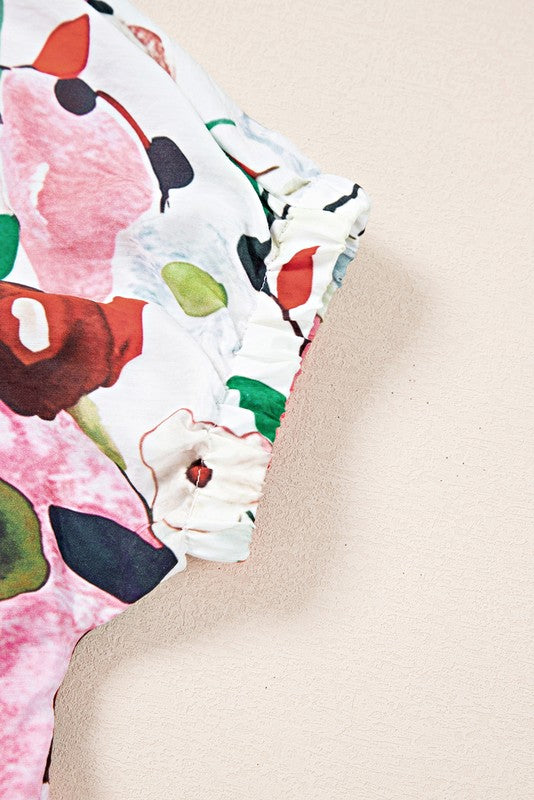 Floral Boho Shirred Bubble Viscose Stripe Blouse