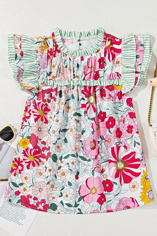 Pink Floral Ruffle Trim Pleated Panel Boho Blouse