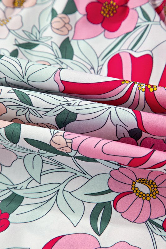 Pink Floral Ruffle Trim Pleated Panel Boho Blouse