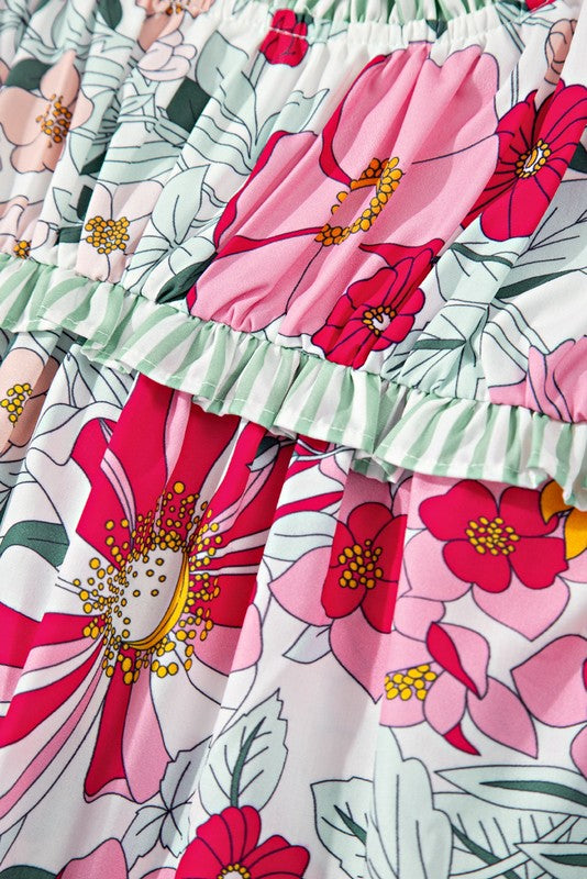 Pink Floral Ruffle Trim Pleated Panel Boho Blouse