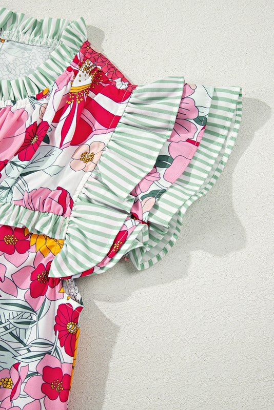 Pink Floral Ruffle Trim Pleated Panel Boho Blouse