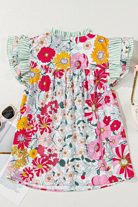 Pink Floral Ruffle Trim Pleated Panel Boho Blouse