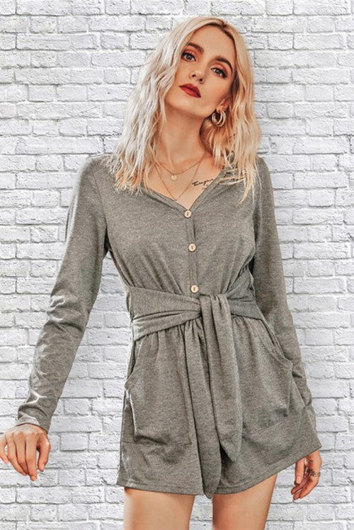 Button Down V Neck Solid Romper