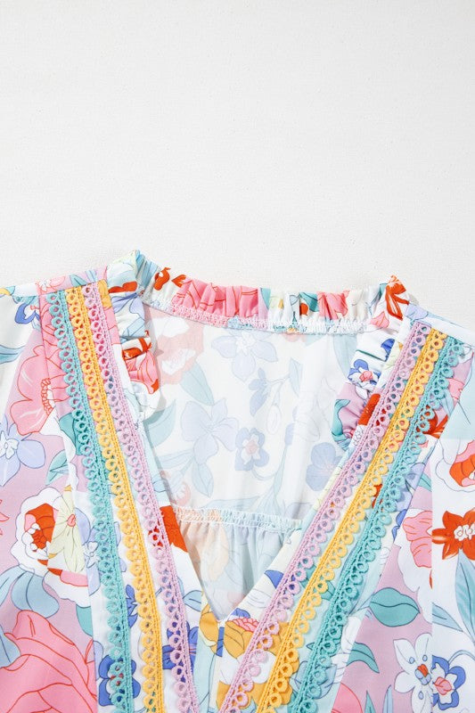 Boho Flower Print Frill Neck Puff Sleeve Blouse