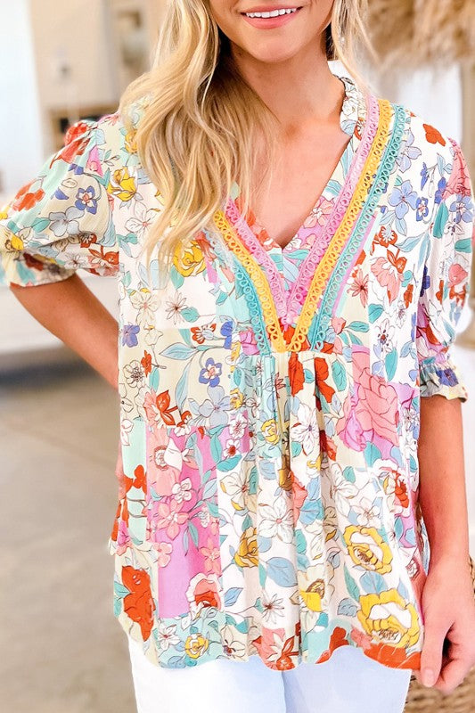 Boho Flower Print Frill Neck Puff Sleeve Blouse