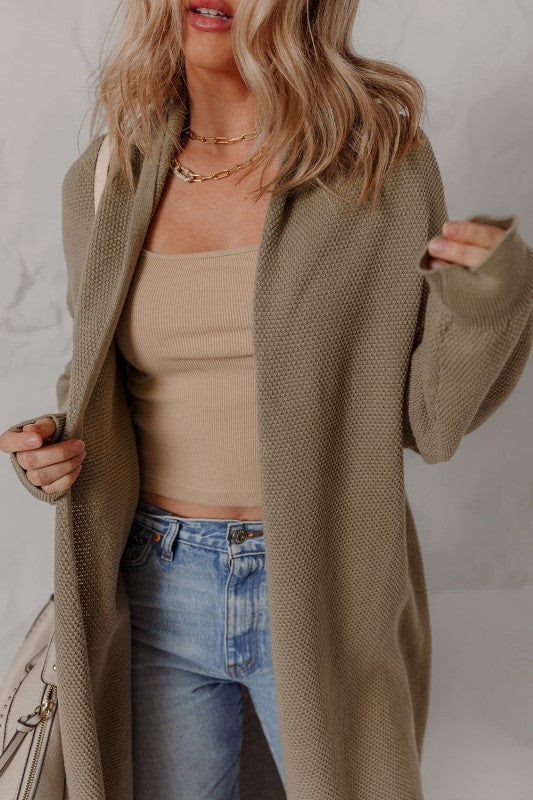 Solid Textured Knit Open-Front Sweater Cardigan
