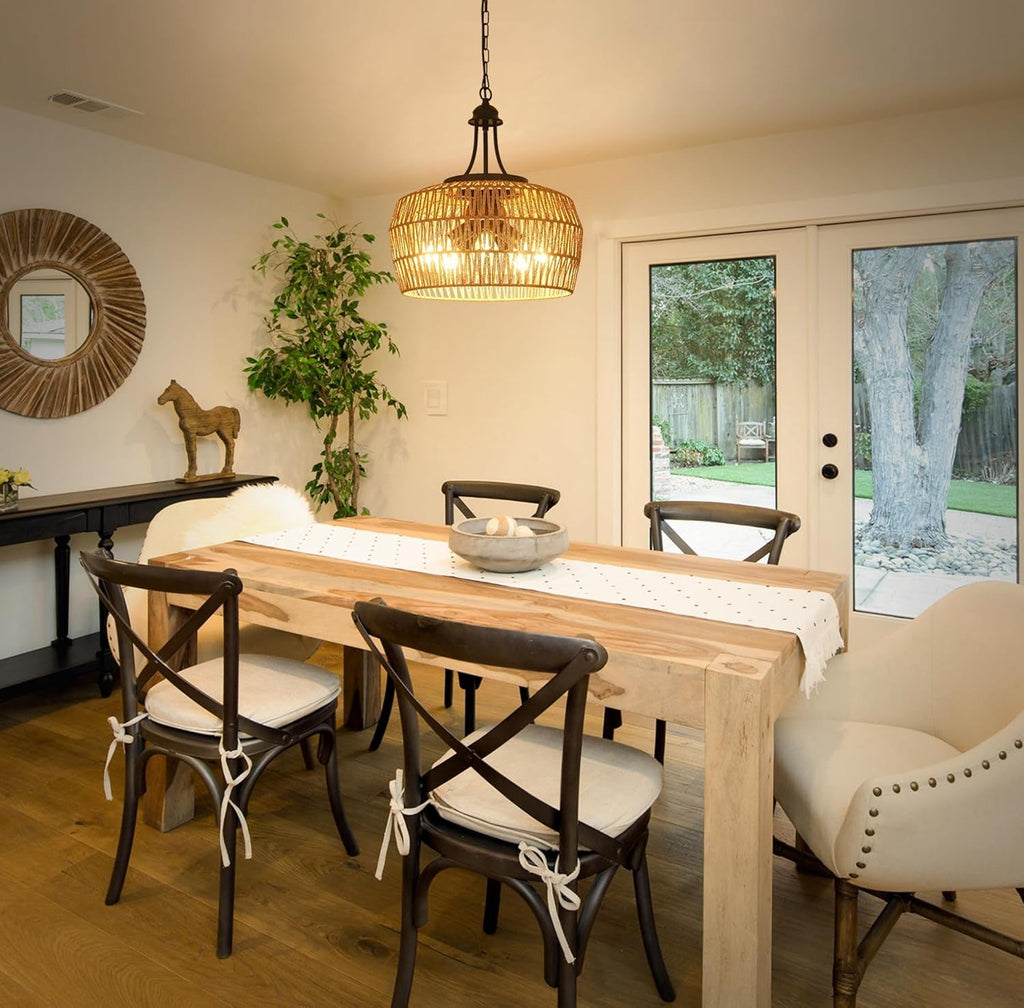 Large 5 Light Handwoven Rattan Boho Dining Room Chandelier