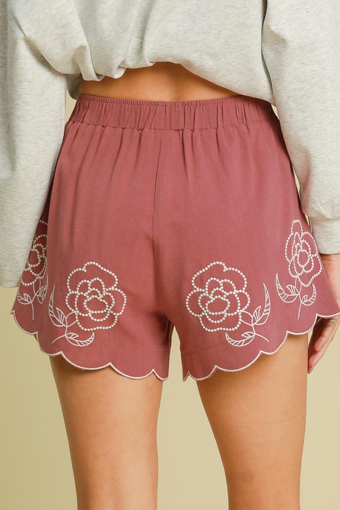 Umgee Full Size Linen Blend Shorts with Floral Embroidered Details