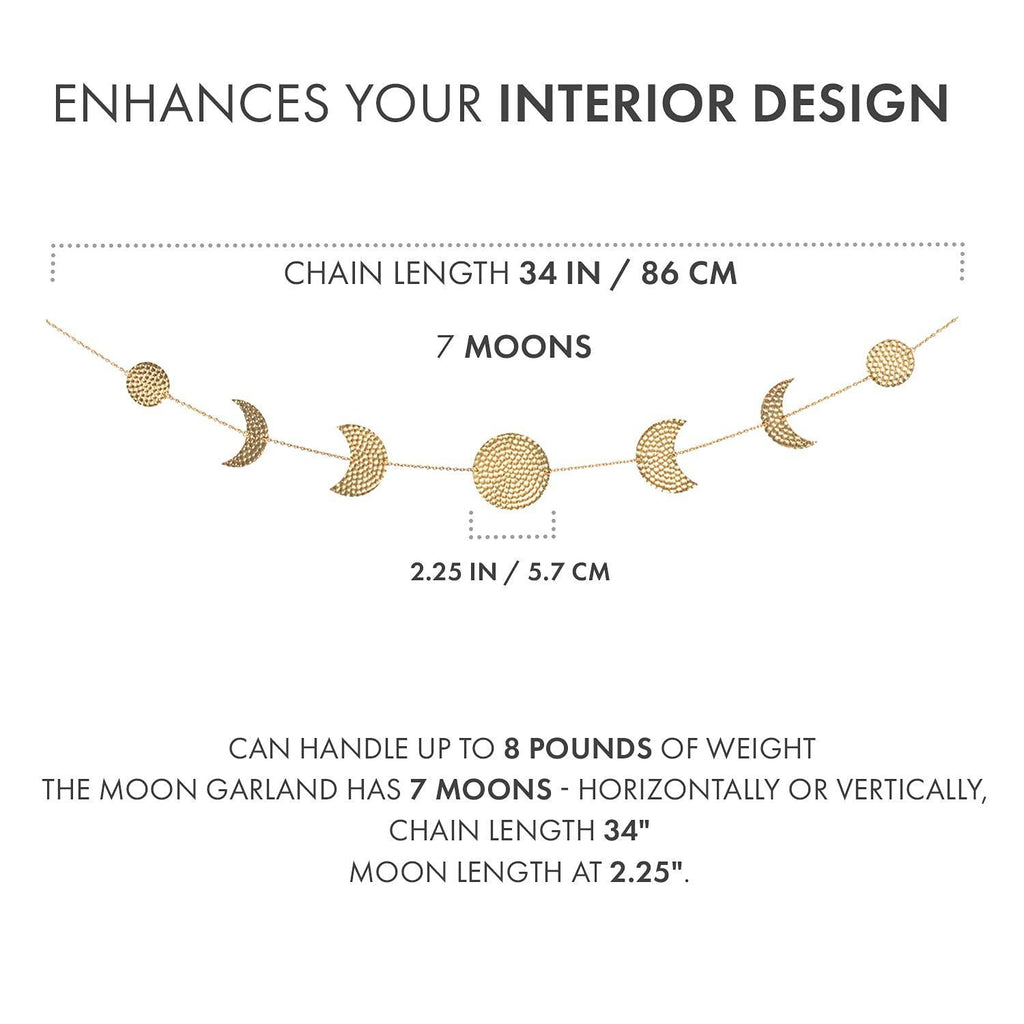 Moon Phase Wall Decor Hanging Garland 7 Gold Hammered Metal Boho