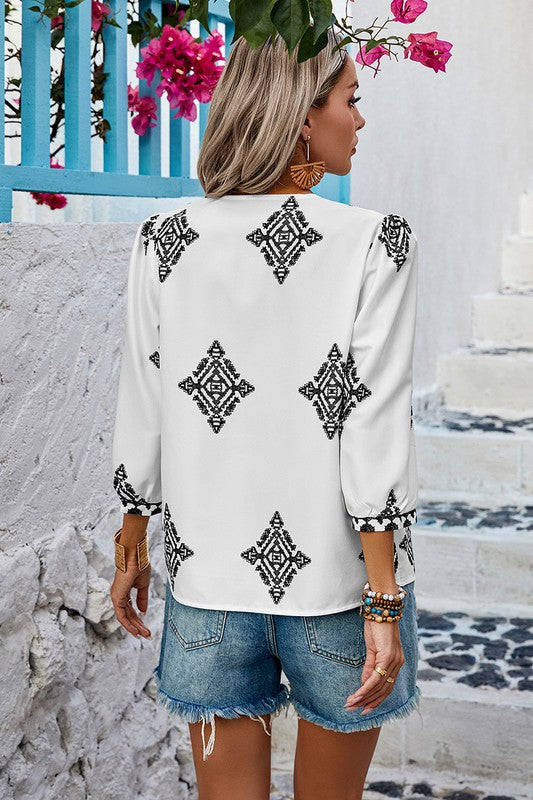 Printed T Shirt V Neck Loose Puff Sleeves Shirts