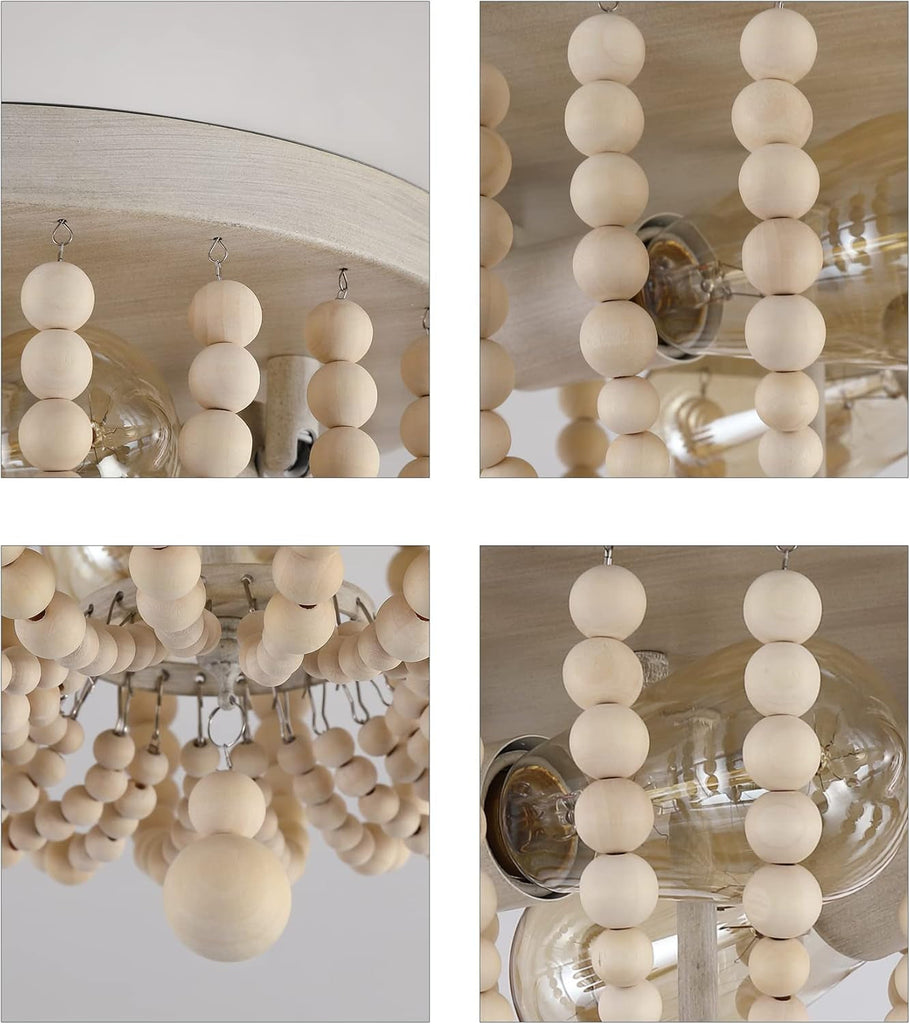 Boho Wood Beaded Flush Mount Chandelier Oak Finish 2 Lights
