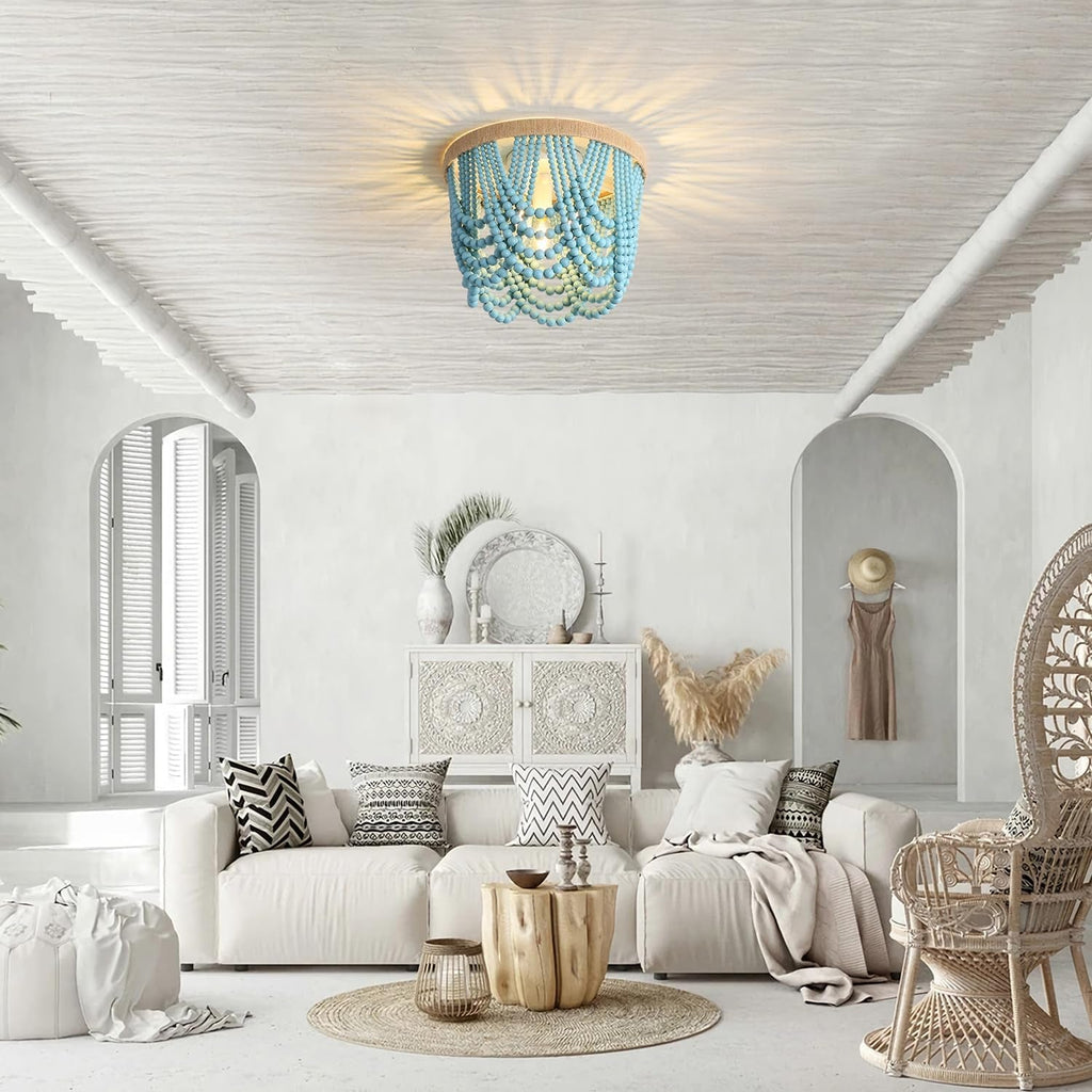 Boho Wood Bead Chandelier 3 Light Fixture Blue 12.6x9.3 In