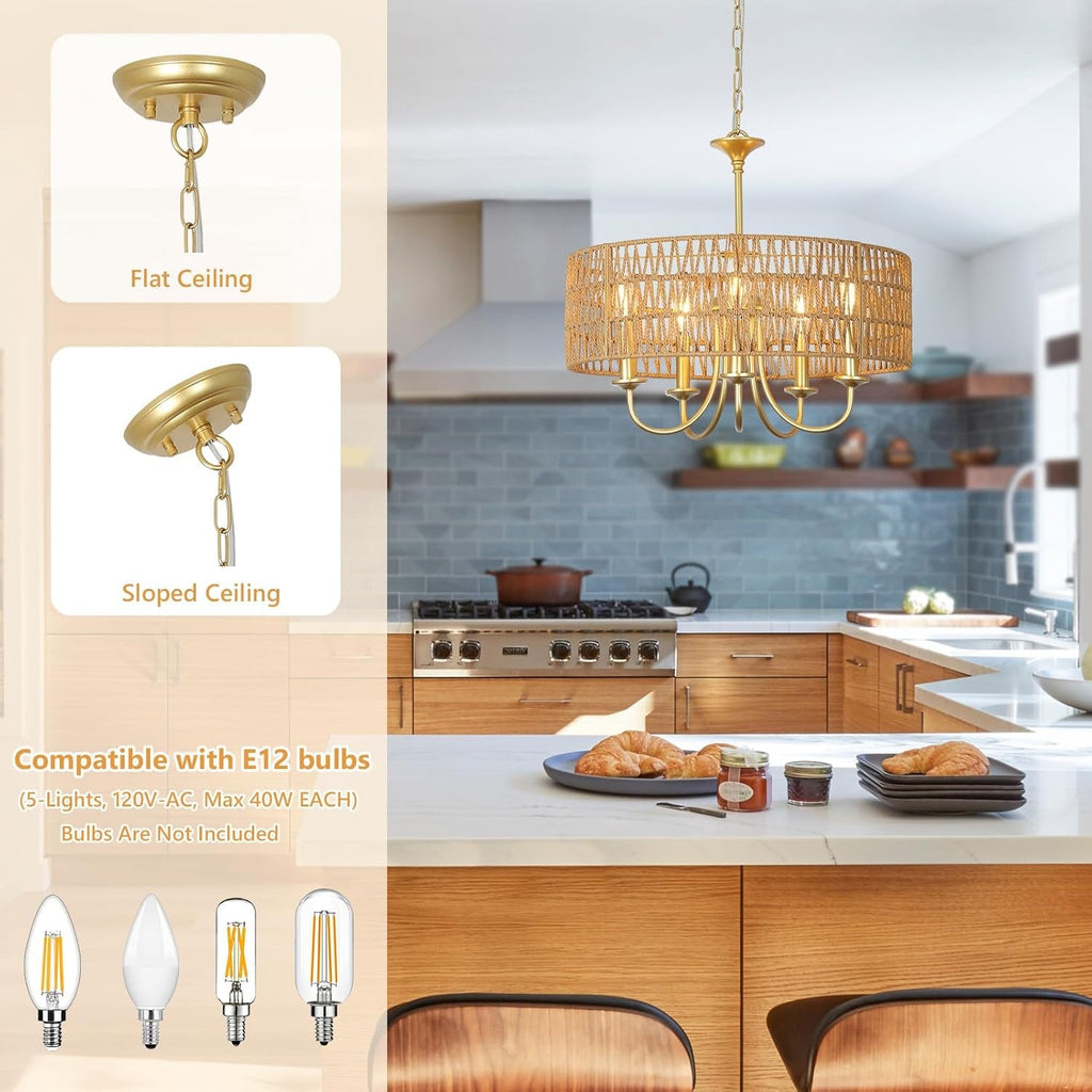 Gold 5 Light Rattan Boho Chandelier Pendant Lighting