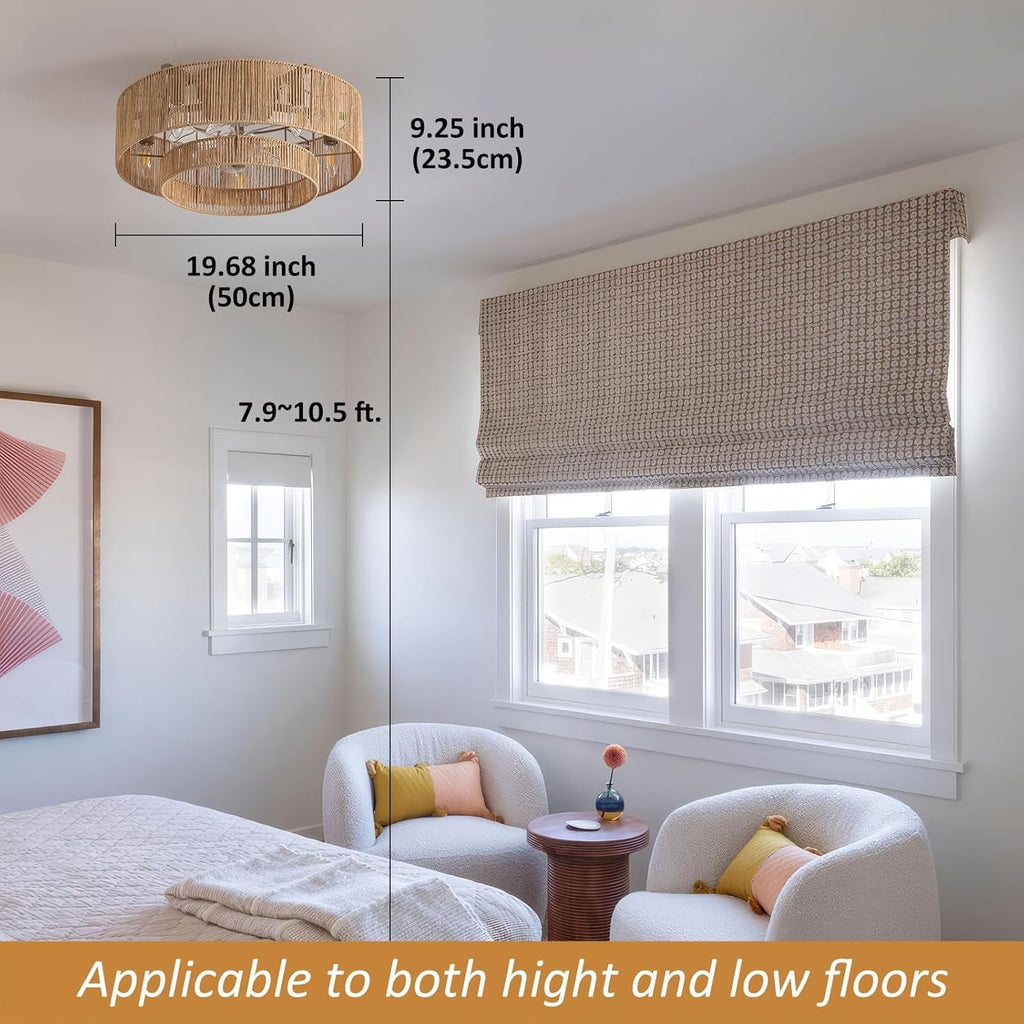 20 Inch Boho Rattan Ceiling Fan With Light And Remote