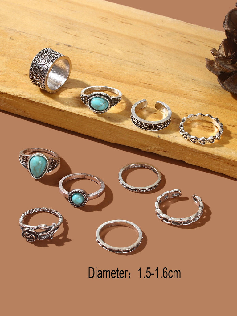 10 pcs Bohemian Antique Silver Turquoise Carved Flower Multiple Midi