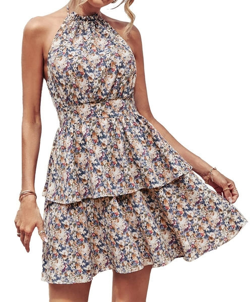 Summer Printed Halter Dress Fashion Boho Backless Ruffled A-Line Beach