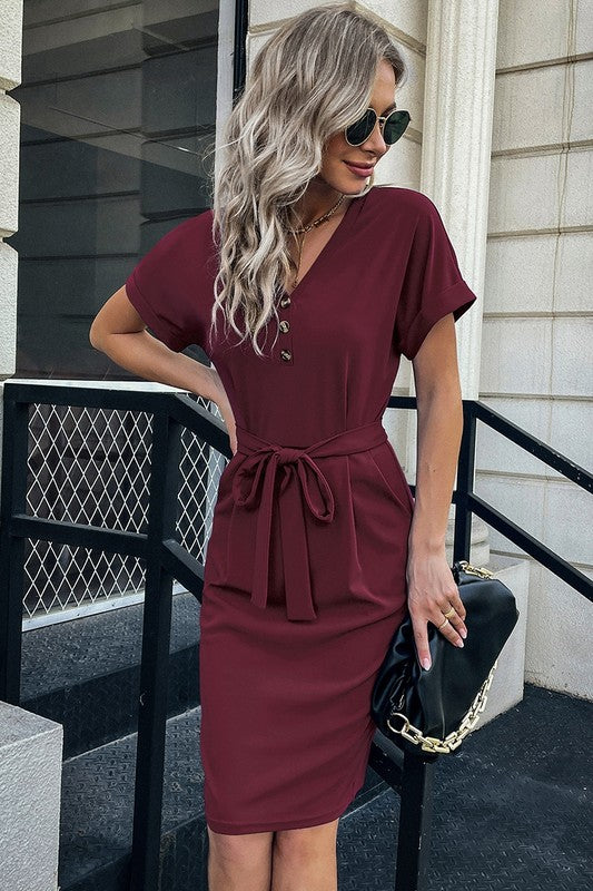 Solid Button Detail Cuffed Pocket Short Dress