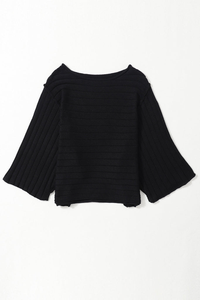 Ribbed Knit Reverse Seam 3/4 Sleeve Sweater