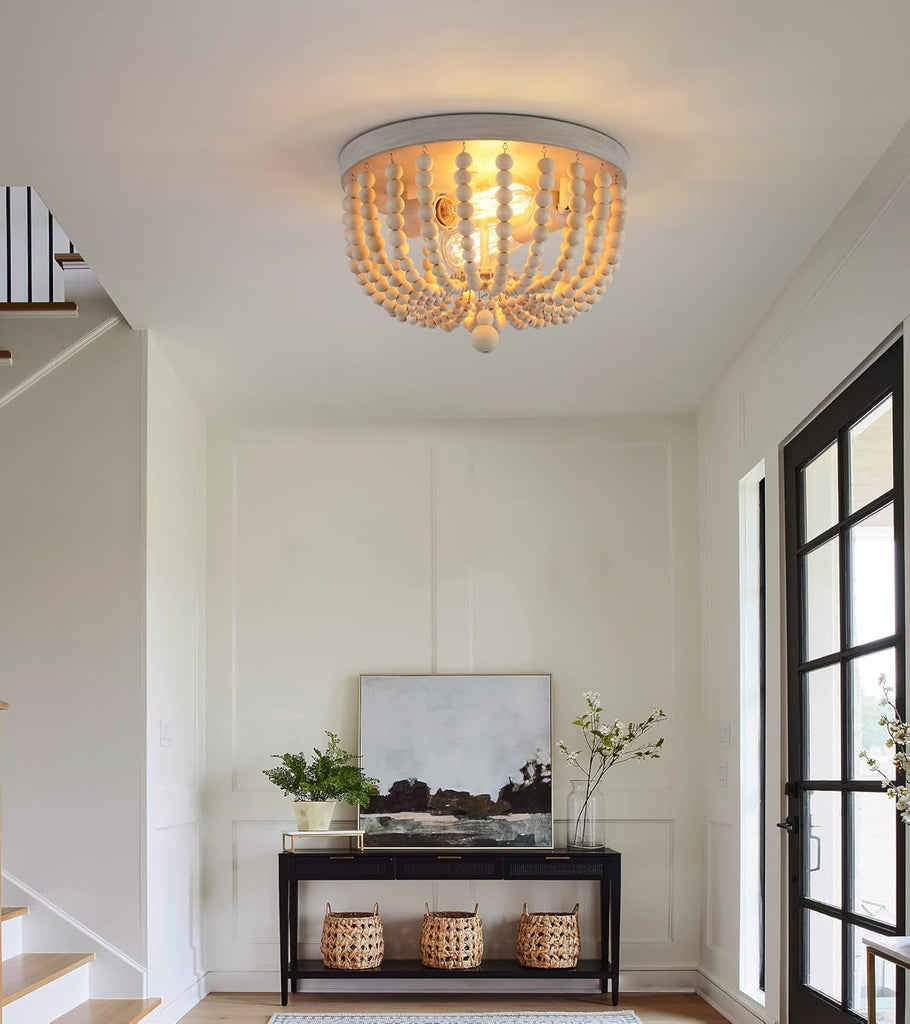 Boho Wood Beaded Flush Mount Chandelier Oak Finish 2 Lights