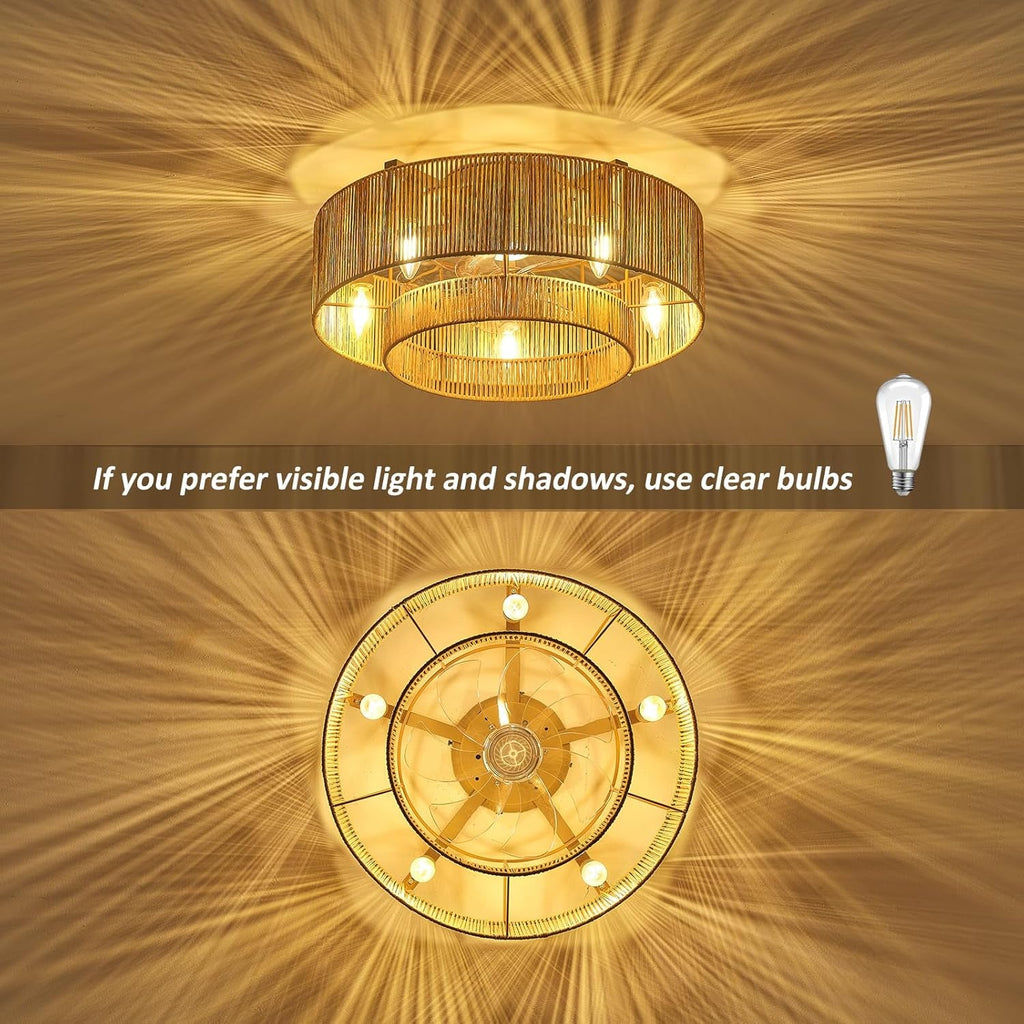 20 Inch Boho Rattan Ceiling Fan With Light And Remote