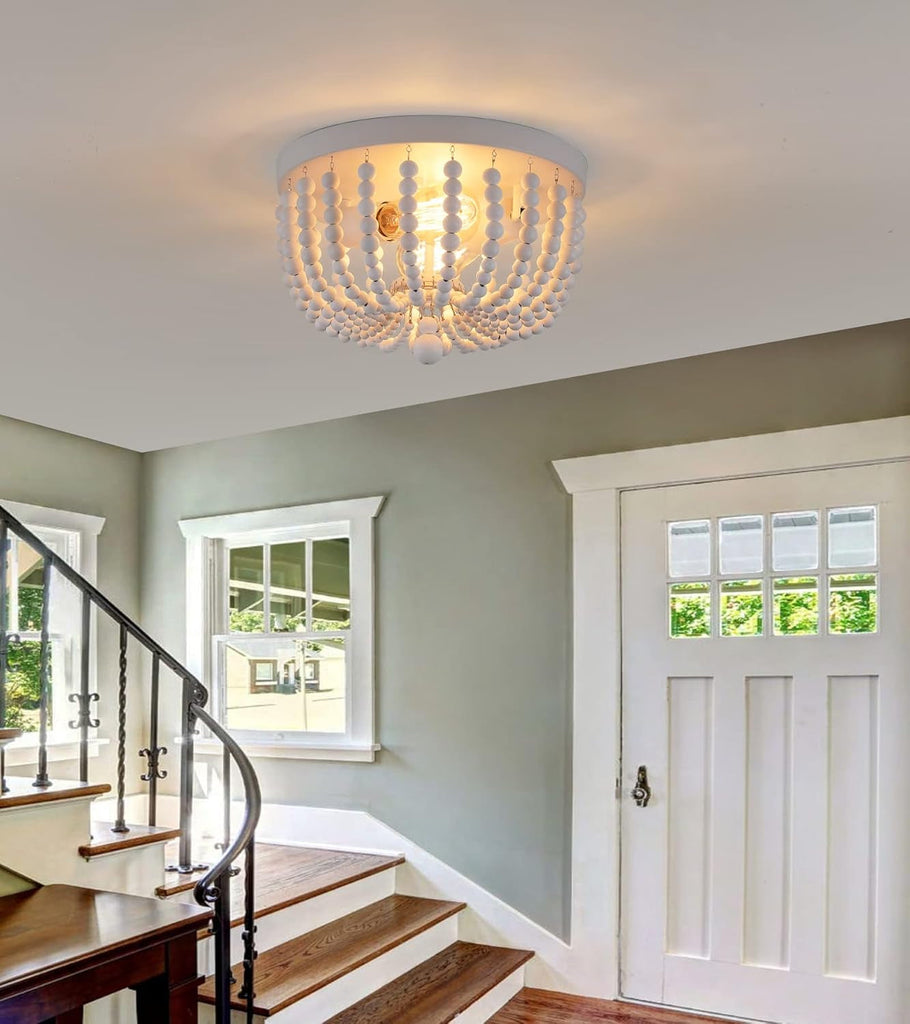 Two Light White Wood Beaded Boho Flush Mount Chandelier For Nursery