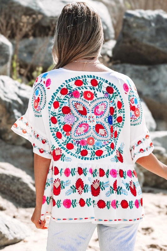 Selene Boho Floral Ruffle Trim Blouse