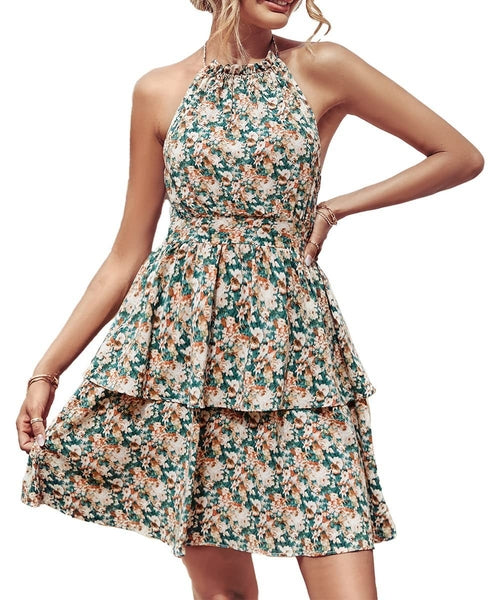 Summer Printed Halter Dress Fashion Boho Backless Ruffled A-Line Beach