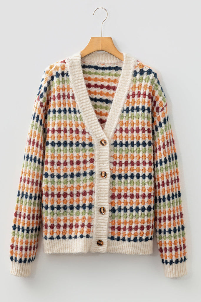 Dotty Knit Button-Up V-Neck Sweater Cardigan