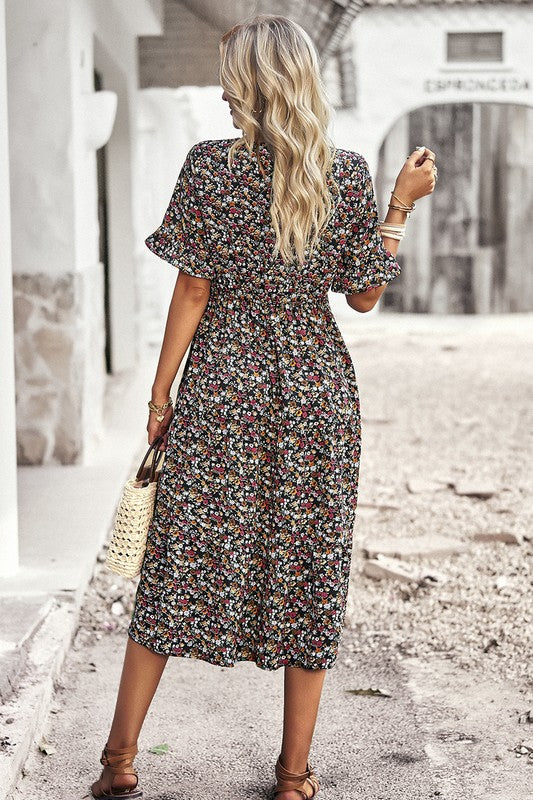 Boho Floral Ruffle Hem V Neck Short Sleeve Dress
