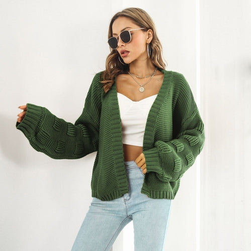 Puff Sleeve Cardigan Sweater - Women Clothes Front Chunky Knitwear