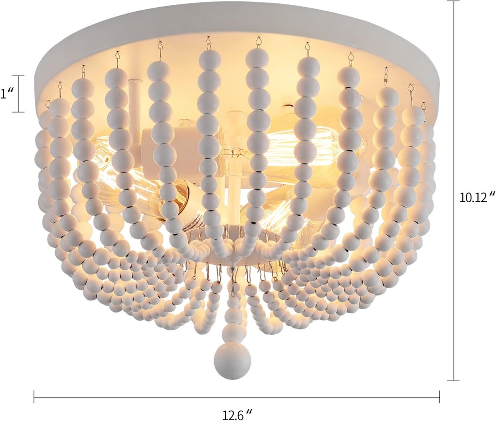 White Boho Beaded Flush Mount Ceiling Light 3 Lights