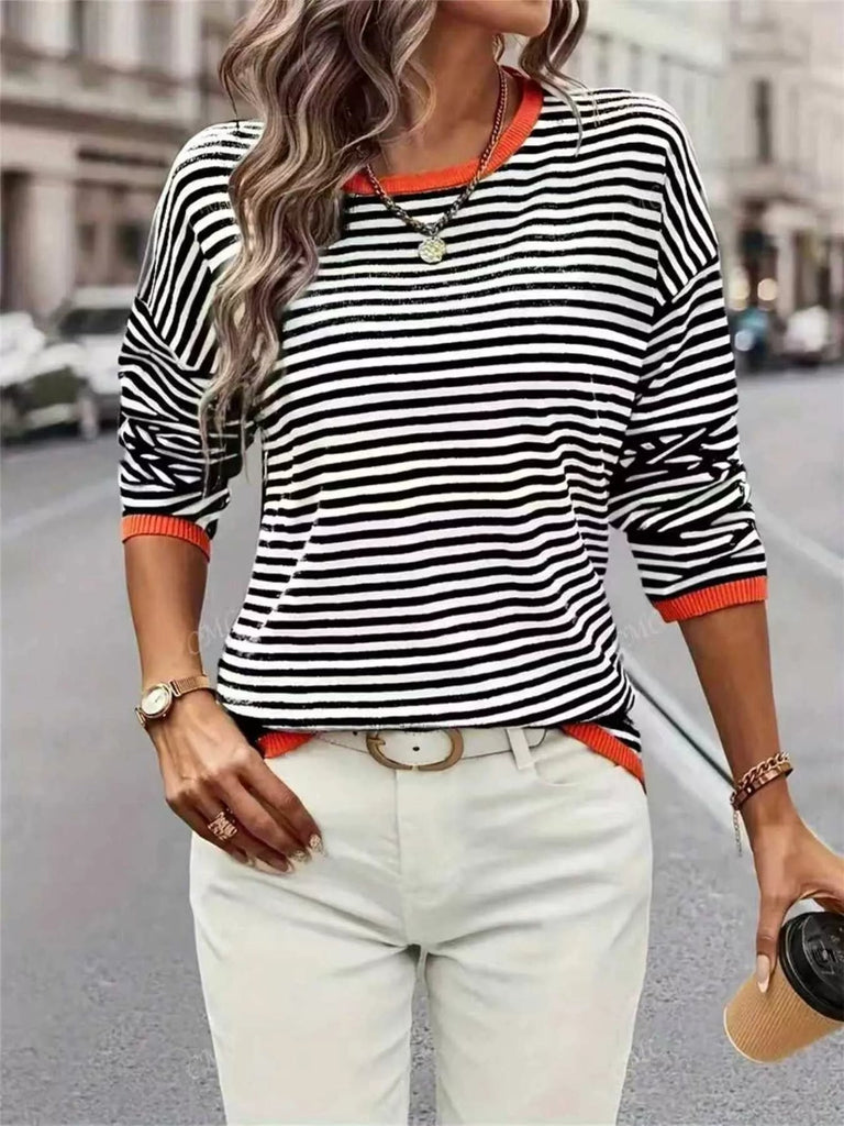 Plus Size Contrast Striped Long Sleeve Sweater