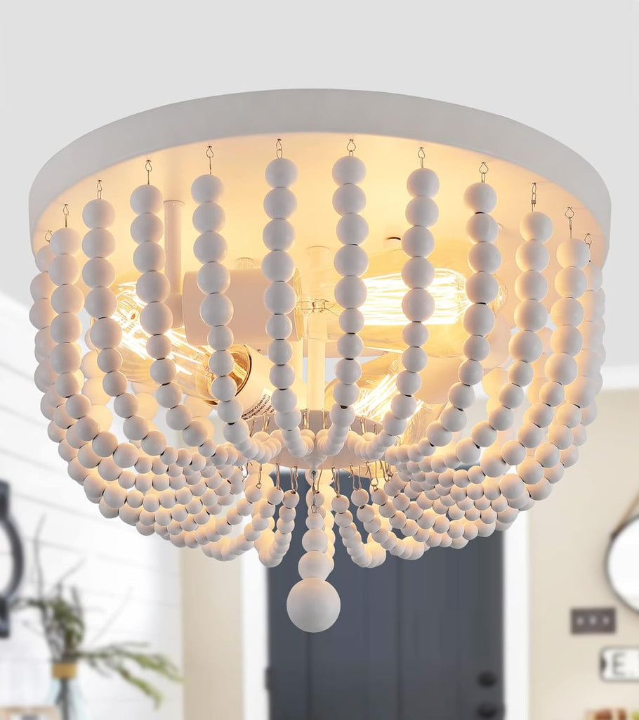 White Boho Beaded Flush Mount Ceiling Light 3 Lights