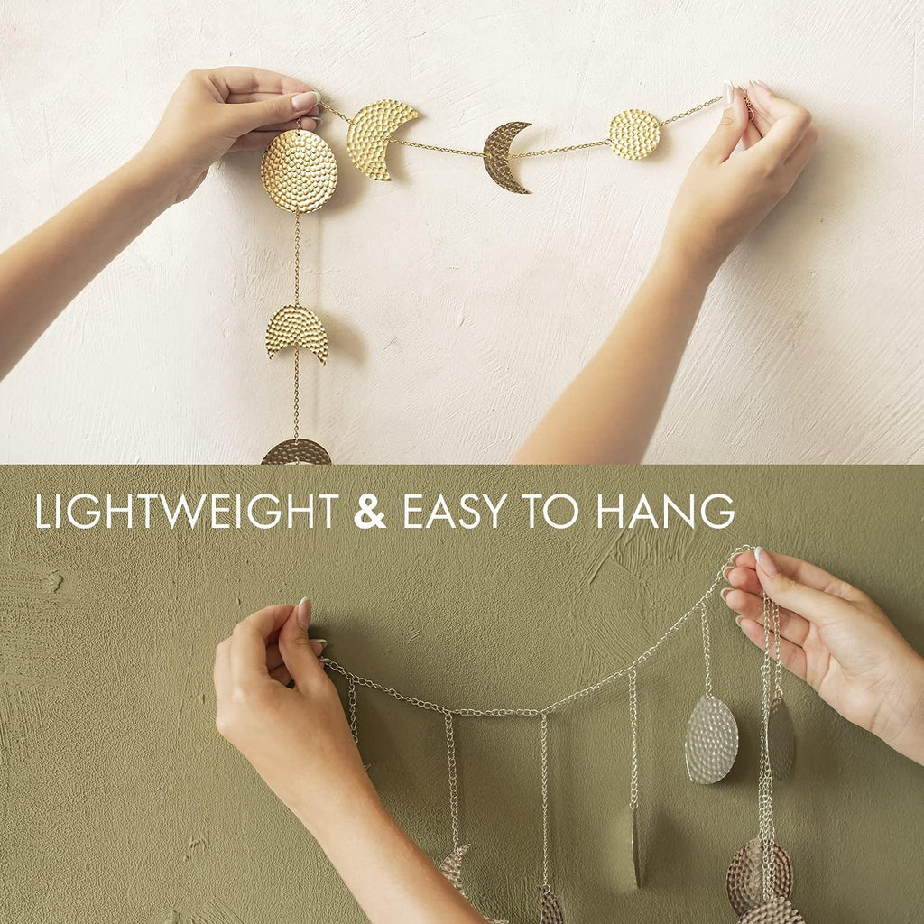 Moon Phase Wall Decor Hanging Garland 7 Gold Hammered Metal Boho